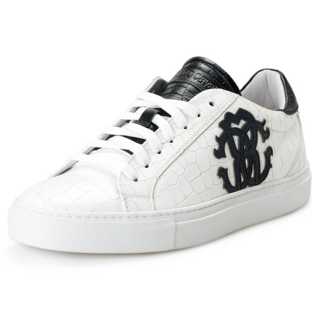Roberto Cavalli Men's White Textured Leather Logo Print Fashion Sneakers Shoes